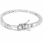 925 Sterling Silver Alternating Round & Baguette Moissanite Tennis Necklace | Timeless Luxury Jewelry