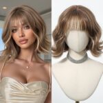 Short Wavy Bob Wig with Bangs - Heat Resistant Synthetic Hair for Women - Natural Looking Daily Style