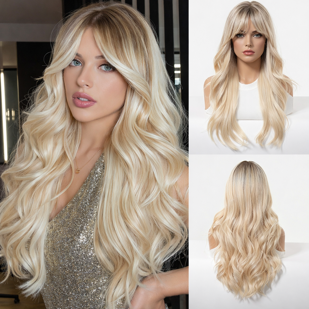gen_O1CN01qMqL4K1CmNpe9HJhQ_!!2216241930123-0-cib_1_1 Long Wavy Ombre Blonde Wig with Bangs - Heat Resistant Synthetic Hair for Women - Image 1