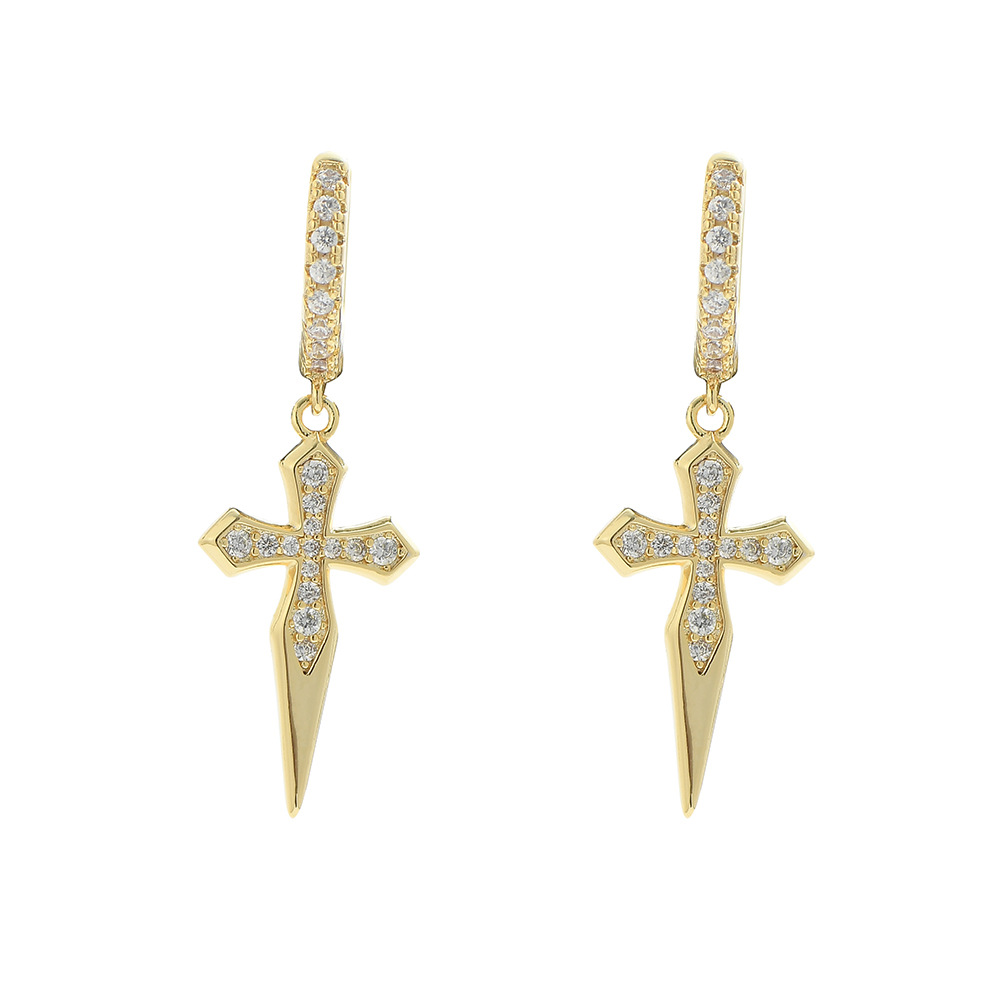 O1CN01vkcG2g1EqA5oGcVsj_!!2215781360402-0-cib 925 silver inlaid with moissanite sword-shaped cross earrings, hip-hop couple style fashionable personalized earrings for men and women, cross ear studs. - Image 1